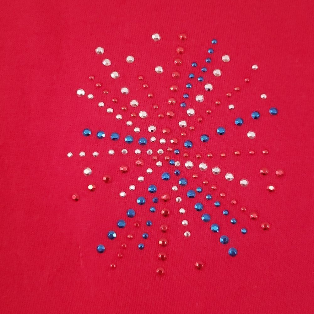 Bright Red Celebrate Fireworks Bling T-Shirt Sz L